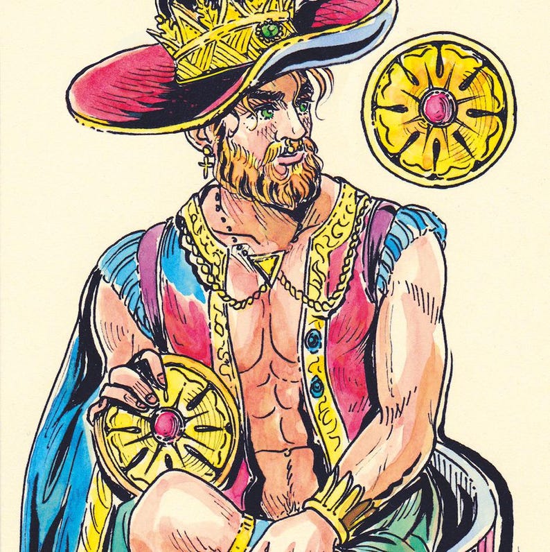 May include: A colorful illustration of a bearded figure wearing a wide-brimmed hat with a crown, a red vest with gold trim, and blue fabric. The figure holds a circular gold coin with a central red gem, matching a floating coin nearby.
