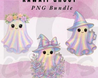 Pastel Ghost PNG – Kawaii Witch Ghost with Tumbler & Floral Crown – Halloween Sublimation Clipart – Iridescent Spooky Season Art