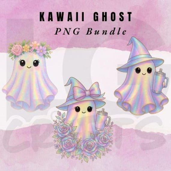 Pastel Ghost PNG – Kawaii Witch Ghost with Tumbler & Floral Crown – Halloween Sublimation Clipart – Iridescent Spooky Season Art