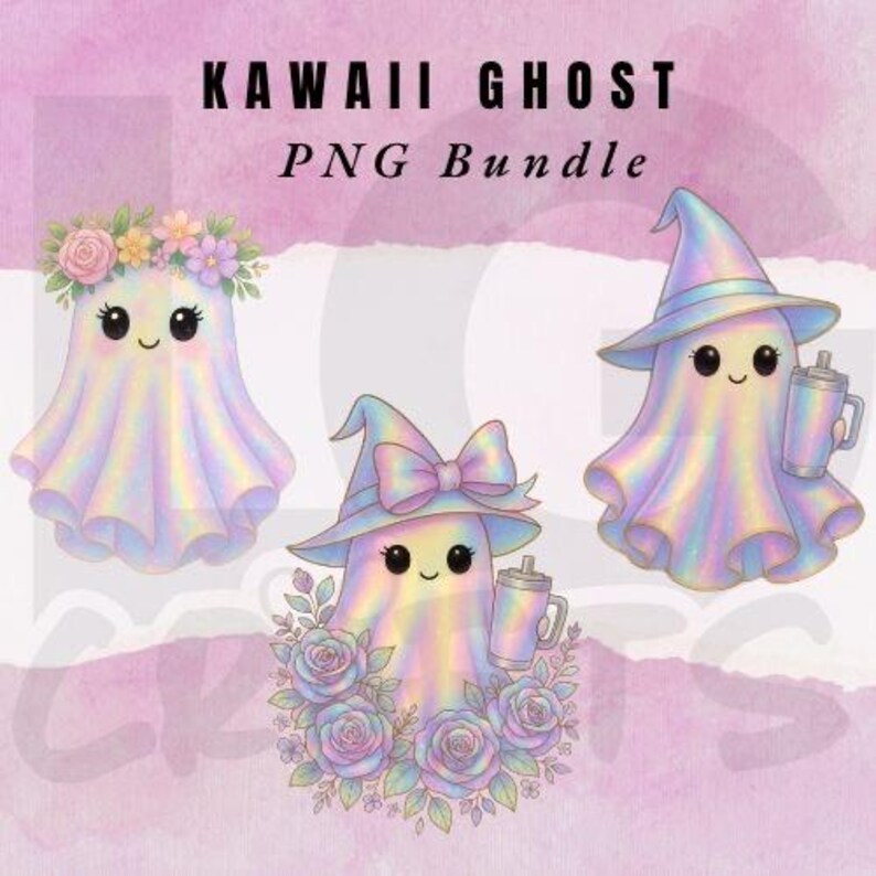 May include: Kawaii Ghost PNG Bundle graphic featuring three pastel-colored ghost illustrations. One ghost wears a floral crown, another a witch hat, and the third a hat with a bow. Each ghost has a smiling face and some hold a beverage.