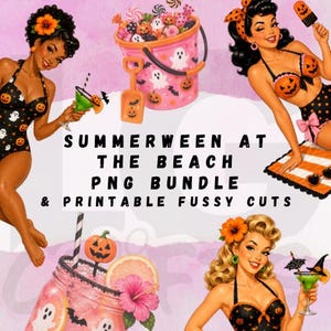 Op de afbeelding: Een digitaal grafisch pakket getiteld SUMMERWEEN AT THE BEACH PNG BUNDLE & PRINTABLE FUSSY CUTS met pin-up illustraties van figuren in Halloween-badkleding, een roze emmer vol snoep en tropische cocktails.