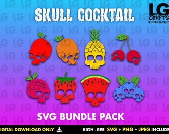 Fruit Skull Cocktail SVG Bundle – 8 Kawaii Fruit Skulls – Pineapple Strawberry Cherry and More – Cricut and Silhouette Cut Files