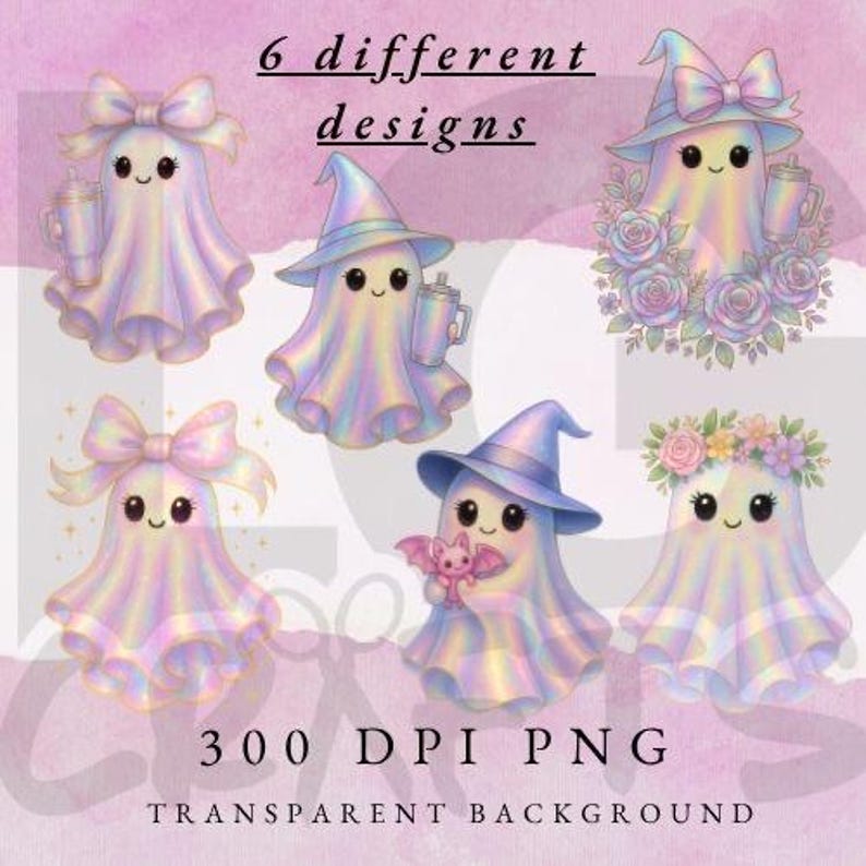 May include: Six cute ghost designs in pastel colors, each with unique accessories like hats, bows, and flowers. Some ghosts hold mugs or a small bat. The image includes the text "6 different designs", "300 DPI PNG", and "Transparent Background".