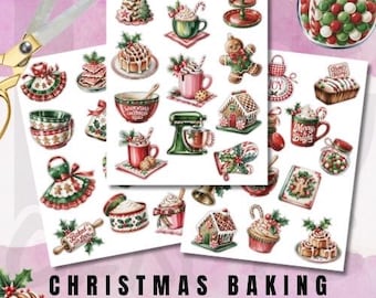 Christmas Baking Fussy Cut – Cute Baker, treats, drinks  – Retro holiday junk journal, Christmas journal, ephemera, fussy cuts