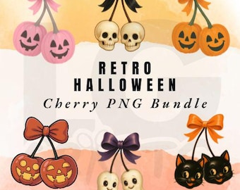 Halloween Cherry Clipart Bundle – 12 Retro Cute Spooky Cherry PNGs with Bows & Skulls – Vintage Kawaii Clip Art Digital Download