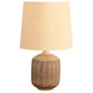 May include: A table lamp featuring a cylindrical base with a textured, dark brown grid pattern and a smooth, light beige drum-shaped lampshade. The lamp stands upright with a balanced composition, showcasing a contrast between the dark base and light shade.