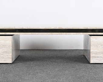 Monumental Travertine and Stainless Steel Coffee Table in the manner of Karl Springer, 1980s