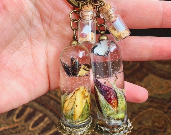 Beauty and the beast keychain, tiny messages in a bottle, real roses, butterfly with rose, birthday gift, gift ideas, rose resin.