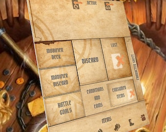 May include: A rectangular Jaws of the Lion character sheet with a tan parchment texture. It features labeled sections for Modifier Deck, Discard, Lost, Modifier Discard, Conditions and Coms, Battle Goals, Consumed Items, and Items with icons.