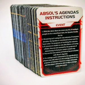 May include: A thick deck of rectangular game cards with a white top card titled Absol's Agendas Instructions. The card features red border accents and black text detailing five numbered event rules. The remaining cards in the deck are stacked.