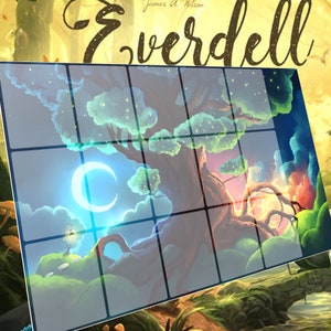 Pode incluir: Uma ilustração digital de uma grande árvore com folhas verdes brilhantes e raízes. A árvore está sobre um fundo de lua crescente e pôr do sol. A imagem é dividida em uma grade de 12 quadrados.