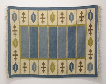 Large Swedish Mid-Century Kilim in tones of Blues and Green