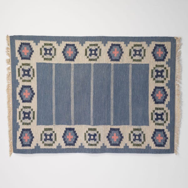 Kilim sueco de mediados de siglo en azul y crema