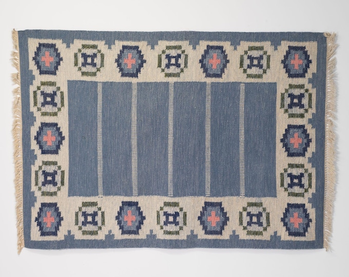 Mid-Century Swedish Kilim in Blue and Cream