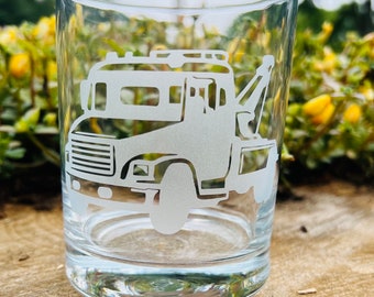Custom Etched Tow Truck Rocks Glass, Personalized Gift