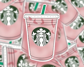 May include: A sticker featuring a pink Starbucks cold cup with a green straw and the iconic green and white siren logo centered on the front. The design includes a white border outline and is set against a repeating pattern of identical cup stickers.
