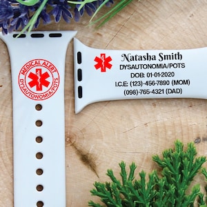 Grawerowany pasek do zegarka Apple Watch z ostrzeżeniem medycznym, spersonalizowany pasek do zegarka, pasek do zegarka Apple Watch, pasek do zegarka Apple Watch dla kobiet, pasek do zegarka