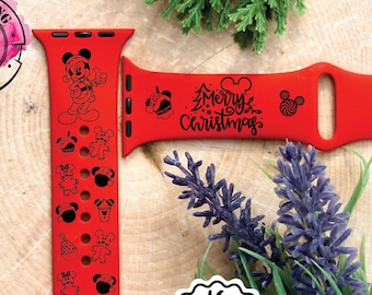 Mickey Christmas Engraved Apple Watch Band, Disney Christmas Watch Band, Minnie Christmas Watch Band, Apple Watch Band for Women, Watch Band
