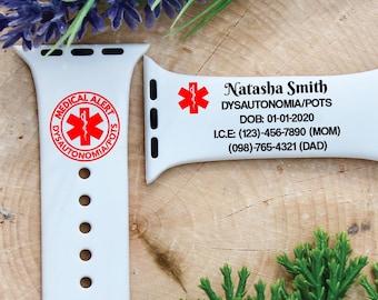 Dysautonomia POTS Medical ID Tag for Apple Watch Band Custom Engraved Emergency ID Safety Bracelet for Sport Smartwatch or Wristband