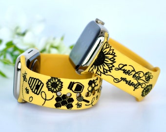 Engraved Apple Watch Band: Sunflower & Bee Design, Personalized iWatch Strap