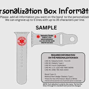 Op de afbeelding: Een grijze Apple Watch-band met een rood medisch waarschuwingssymbool en de tekst "DIABETIC TYPE 1". De afbeelding bevat een voorbeeldband met gepersonaliseerde informatie en aanpassingsinstructies, inclusief tekst- en lettertypedetails.