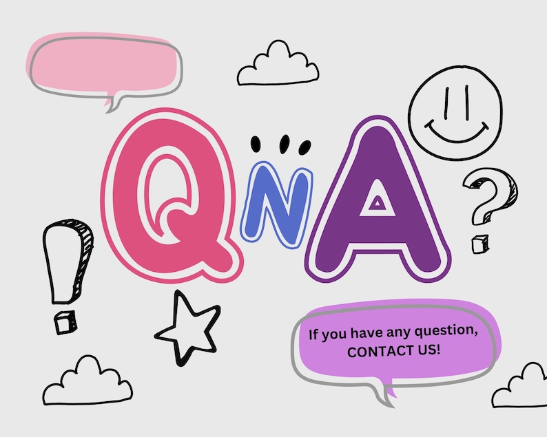 Op de afbeelding: Een cartoonachtige illustratie met de letters "QnA" in roze, blauw en paars, omringd door tekstballonnen, wolken, een ster, een uitroepteken, een vraagteken en een smiley. Een tekstballon zegt: "If you have any question, CONTACT US!"