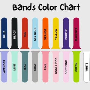 May include: A color chart displaying watch bands in various colors, including blue, black, red, sky blue, orange, yellow, purple, magenta, lavender, mint, teal, gray, pink, dusty pink, soft pink, green, and white. The text "Bands Color Chart" is at the top.