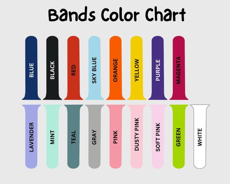 May include: A color chart displaying watch bands in various colors, including blue, black, red, sky blue, orange, yellow, purple, magenta, lavender, mint, teal, gray, pink, dusty pink, soft pink, green, and white. The text "Bands Color Chart" is at the top.