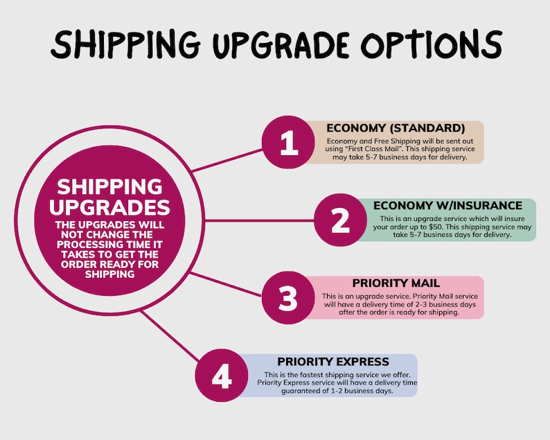May include: An infographic titled "SHIPPING UPGRADE OPTIONS" with four numbered options. The first option is "Economy (Standard)", the second is "Economy w/Insurance", the third is "Priority Mail", and the fourth is "Priority Express".