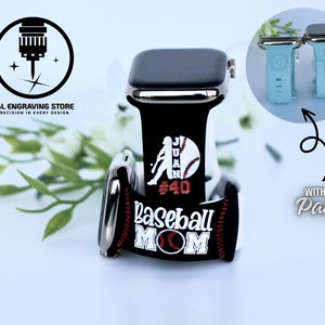 May include: A black and red Apple Watch band with white embroidery that says "Baseball Mom" and "John #40". The band is shown on a silver Apple Watch.