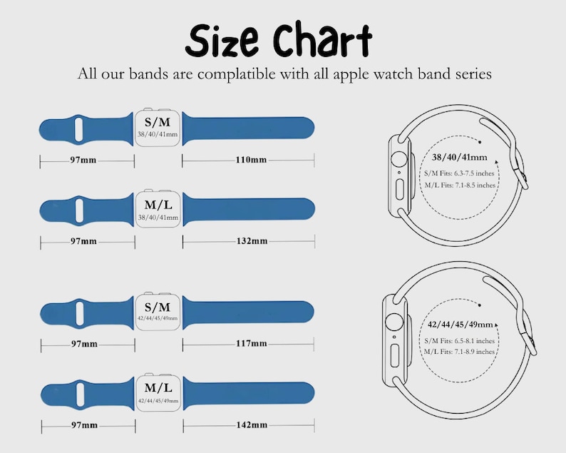 May include: Size chart for Apple watch bands. The image shows blue watch bands with measurements in millimeters and inches. The text indicates compatibility with all Apple watch band series. Sizes include S/M and M/L for 38/40/41mm and 42/44/45/49mm.