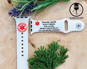 Medical Alert Apple Watch Band, Personalized Silicone with Emergency Engraving