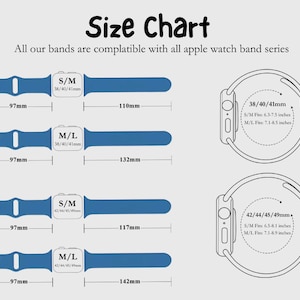 Op de afbeelding: Maattabel voor Apple Watch-bandjes. De afbeelding toont blauwe bandjes met afmetingen in millimeters en inches. De tekst geeft de compatibiliteit met alle Apple Watch-bandseries aan. Maten zijn S/M en M/L voor 38/40/41mm en 42/44/45/49mm.