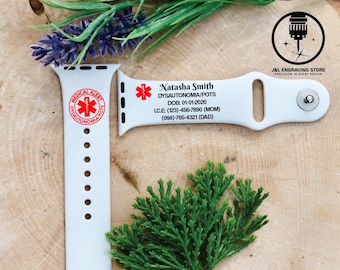 Personalized Medical Alert ID Band, Custom Silicone Apple Watch with Engraving