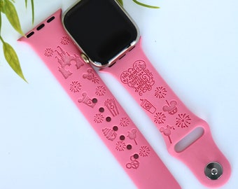 Disney Castle Theme Park Apple Watch Band 38mm 40mm 41mm 42mm 44mm 45mm Ultra Women Mickey Snack Engrave Silicone Strap for iWatch Series 9
