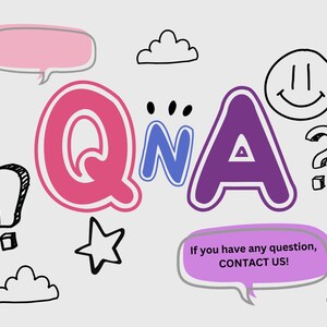 May include: A whimsical illustration with the letters "QnA" in pink, blue, and purple, surrounded by speech bubbles, clouds, a star, an exclamation point, a question mark, and a smiley face. The text "If you have any question, CONTACT US!" is in a speech bubble.