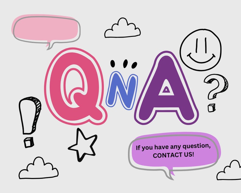 May include: A whimsical illustration with the letters "QnA" in pink, blue, and purple, surrounded by speech bubbles, clouds, a star, an exclamation point, a question mark, and a smiley face. The text "If you have any question, CONTACT US!" is in a speech bubble.