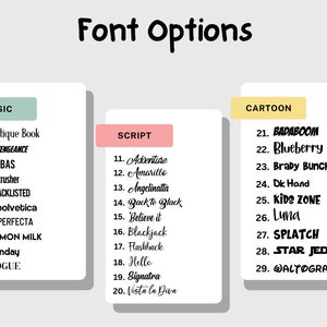 Op de afbeelding: Een afbeelding met lettertype-opties, onderverdeeld in de categorie&euml;n Basic, Script en Cartoon. Elke categorie toont lettertypenamen zoals "Antique Book", "Adventure" en "Badaboom". De titel "Font Options" staat bovenaan de afbeelding.