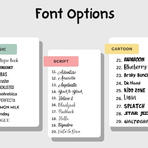 May include: An image displaying font options categorized into Basic, Script, and Cartoon styles. Each category lists several font names, such as "Antique Book," "Adventure," and "Badaboom," presented in a clear, organized layout for easy selection.