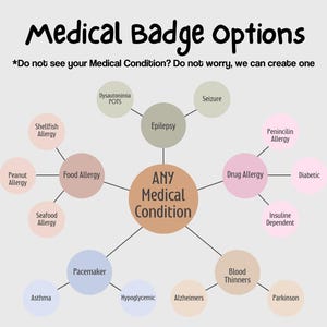 Op de afbeelding: Een diagram met de titel "Medical Badge Options" met verschillende medische aandoeningen, waaronder voedselallergie&euml;n, medicijnallergie&euml;n en andere aandoeningen. De tekst luidt: "Zie je je medische aandoening niet? Maak je geen zorgen, we kunnen er een maken."