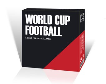 May include: A black box with a red diagonal stripe. The box has white text that reads "WORLD CUP FOOTBALL" and "A GAME FOR FOOTBALL FANS".
