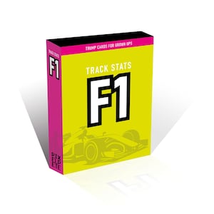 Può includere: Una scatola di "Trump Cards for Grown Ups" con "Track Stats" e un grande logo "F1". La scatola è principalmente gialla con un lato rosa e una parte superiore nera. È visibile una silhouette di un'auto da corsa.