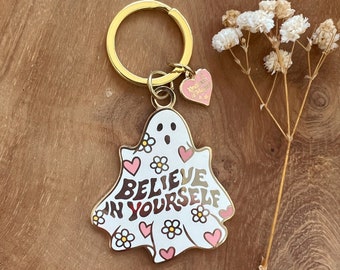 Ghost Keychain - Hard Enamel Keychain / Bag Charm - Spooky Season - 70s Positive Affirmation - Inspirational - Cute Accessories + Gifts