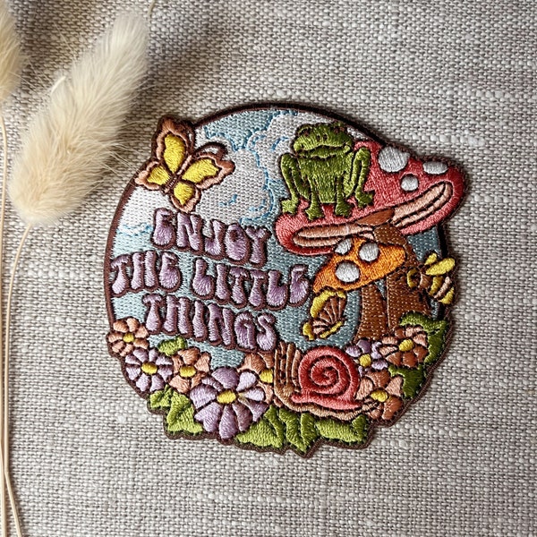 Enjoy the Little Things Patch - Mushroom Frog Daisies - Embroidered Iron On Patches for Jackets - Motivational - 70s Positive Cute DIY Gifts