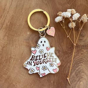 Ghost Keychain - Hard Enamel Keychain / Bag Charm - Spooky Season - 70s Positive Affirmation - Inspirational - Cute Accessories + Gifts