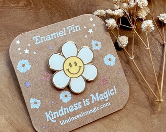 Smiley Daisy Enamel Pin - Daisy Pin - Smiley Face Pin - Hard Enamel Pins - Retro Pins - Positivity - Cute Gifts - Kindness is Magic