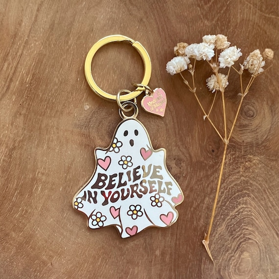 Ghost Keychain - Hard Enamel Keychain / Bag Charm - Spooky Season - 70s Positive Affirmation - Inspirational - Cute Accessories + Gifts