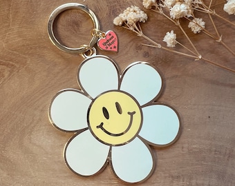Llavero esmaltado de margarita sonriente - Llavero de margarita - Adorno para bolso - Positividad, optimismo y buenas vibras - Pines de flores retro - Estilo infantil - Cara sonriente