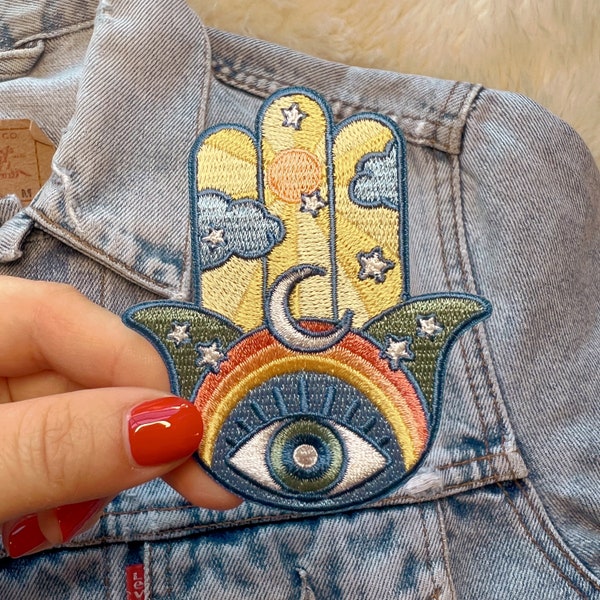 Hamsa Patch - Embroidered Iron On Patches for Jackets - Evil Eye Embroidery Applique - Spiritual Talisman DIY Gifts - Kindness is Magic