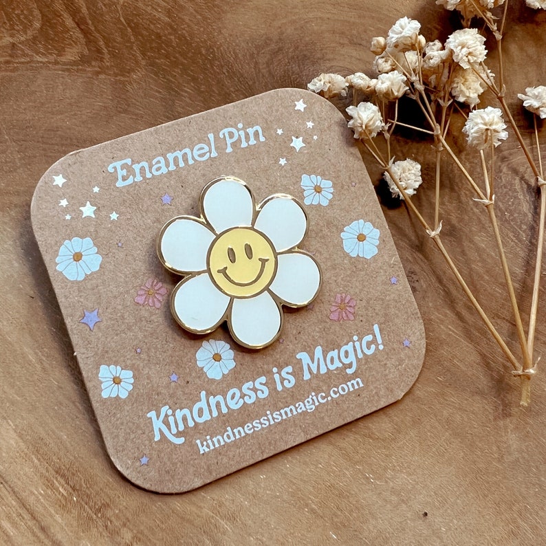 Smiley Daisy Enamel Pin Daisy Pin Smiley Face Pin Hard Enamel Pins Retro Pins Positivity Cute Gifts Kindness is Magic image 1